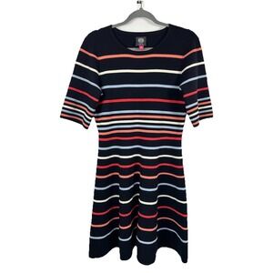 Vince Camuto L Knit Dress Navy Stripe Fit Flare Short Sleeve Ribbed Modern Class